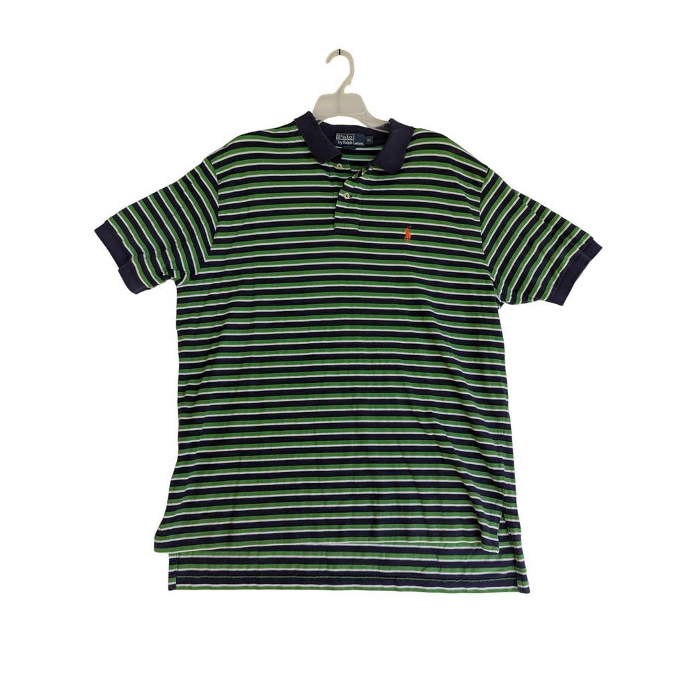 Polo Ralph Lauren Mens XL Polo Shirt Striped Navy Green White Short Sleeve Pony